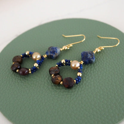 Lapis Lazuli, Bronzite, Pearls Earrings- Night Sky