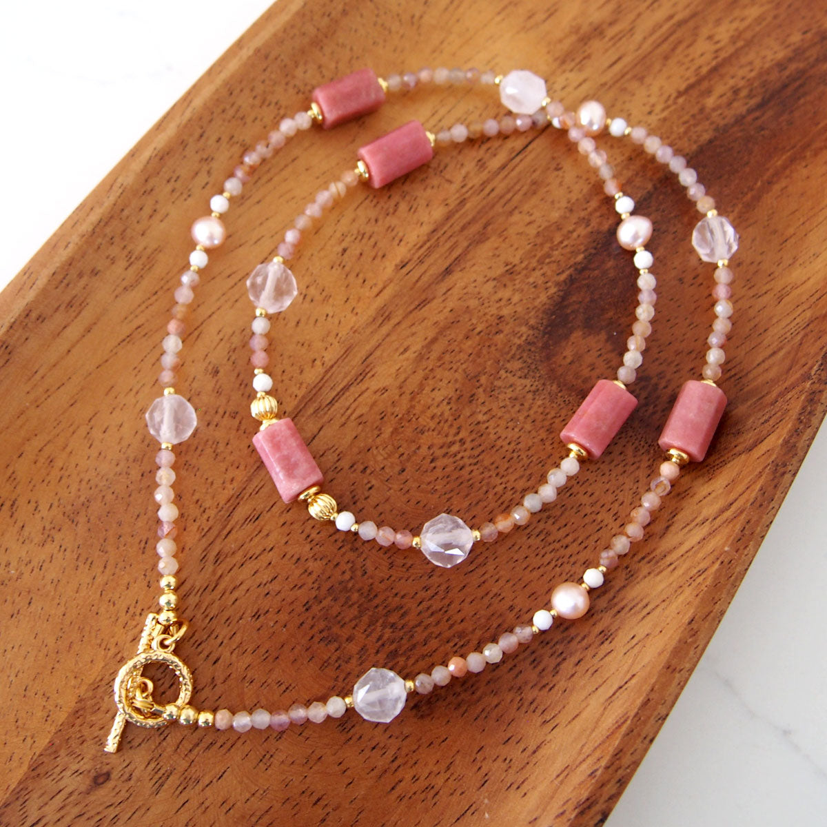 Rhodonite, Rock Crystal, Pearls, Sakura agate Necklace- Love