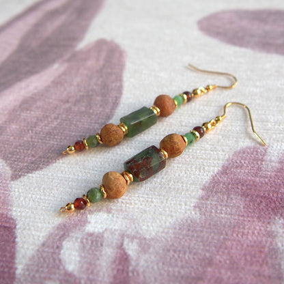 Common Opal(green), Amber(Raw crust), Chrysoprase, Garnet(orange) Earrings–Buds