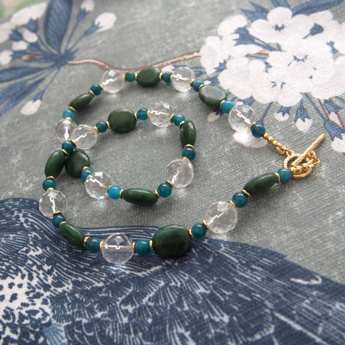 Rock crystal,  Jade(oval),  Apatite Necklace-Blue Spring