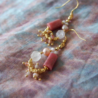 Rhodonite, Rock Crystal, Pearls Sakura agate Earrings- Love