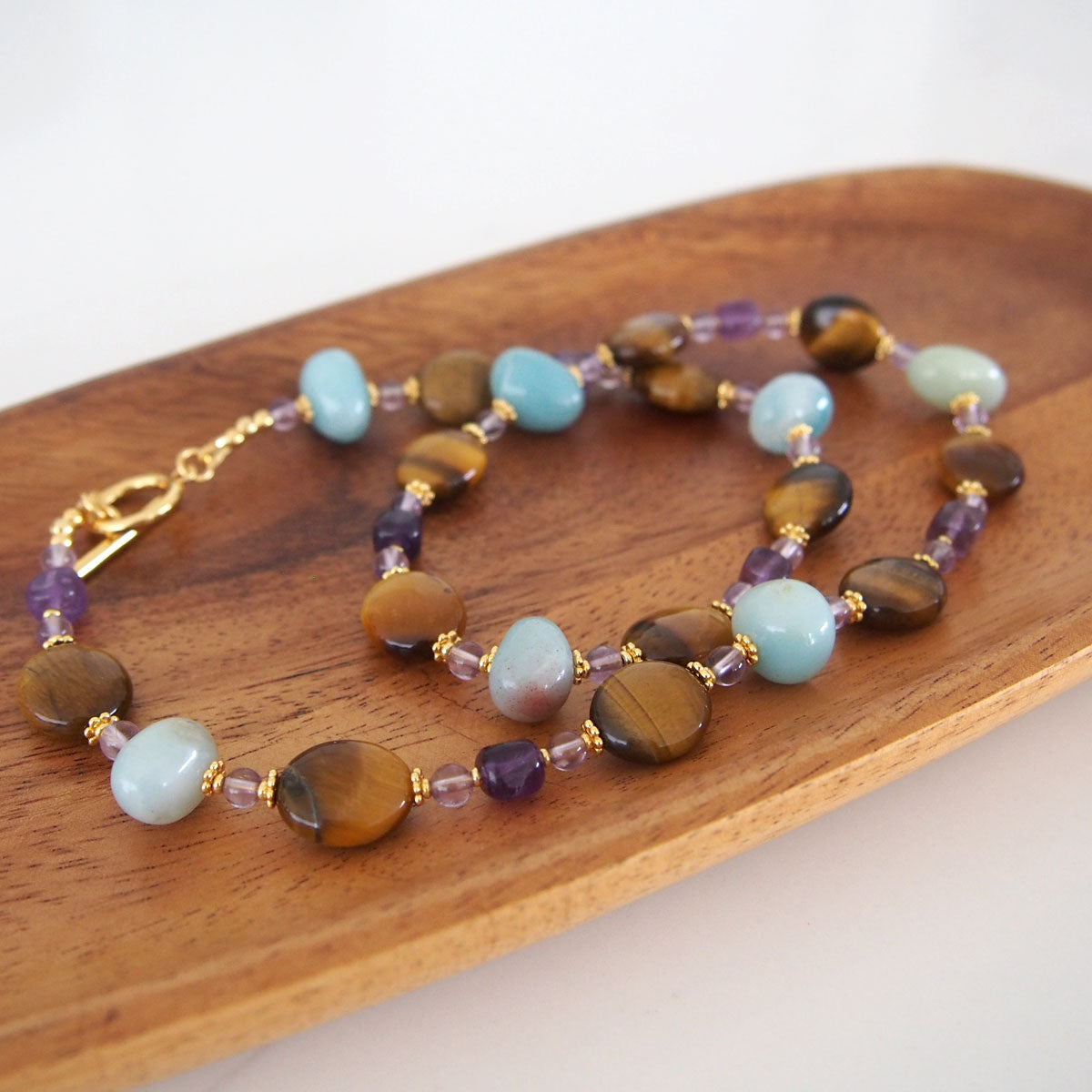 Tiger’s eye, Amazonite, Amethyst Necklace- Courage
