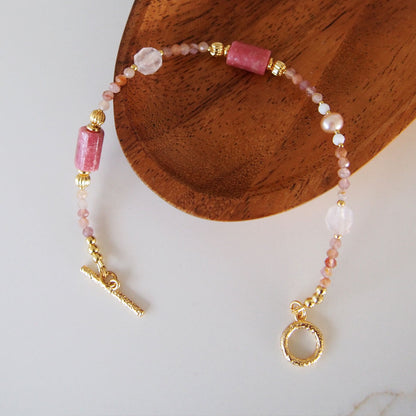 Rhodonite, Rock Crystal, Pearls, Sakura agate Bracelet- Love