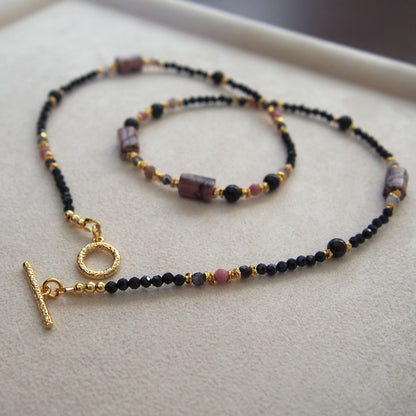 Rhodonite, Tourmaline(black), Opal(common), Rhodochrosite, Lolite Necklace–Dangerous tenderness