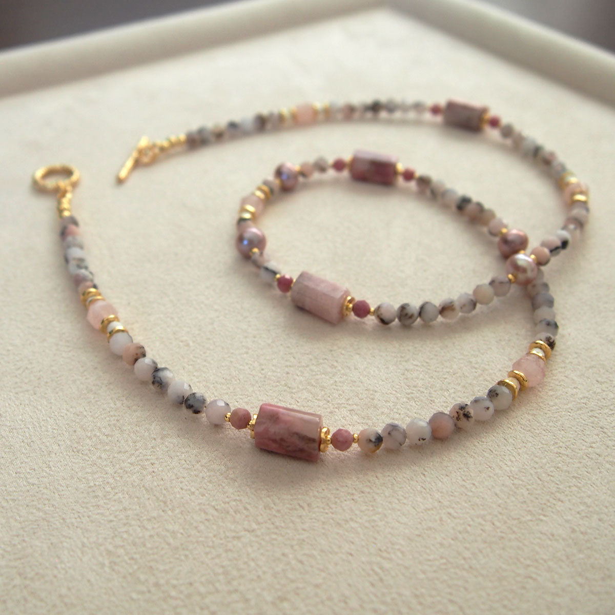 Rhodonite, Pearls, Morganite, Common Opal, Rhodochrosite Necklace–Rosa multiflora
