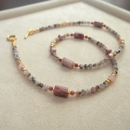 Rhodonite, Pearls, Morganite, Common Opal, Rhodochrosite Necklace–Rosa multiflora