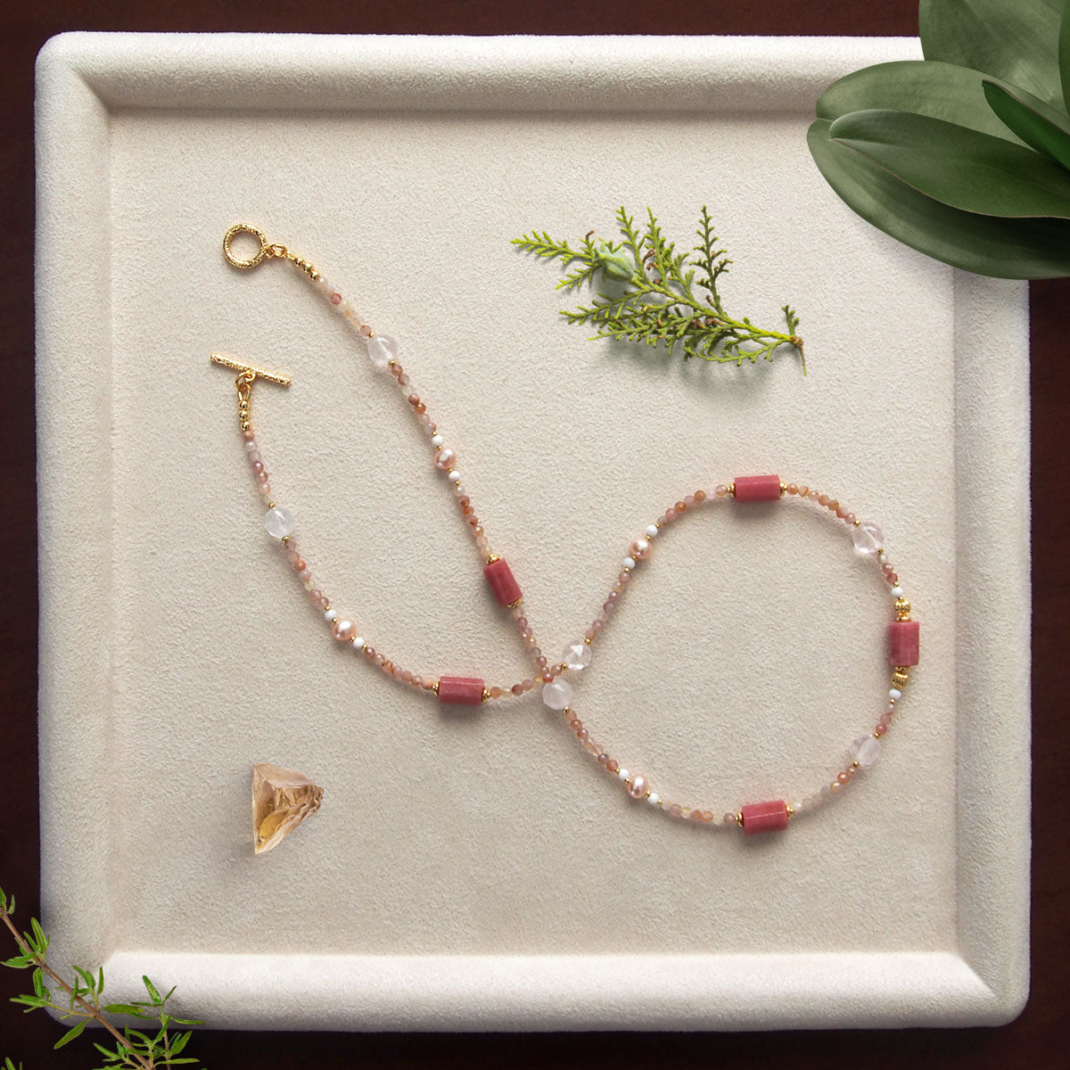 Rhodonite, Rock Crystal, Pearls, Sakura agate Necklace- Love