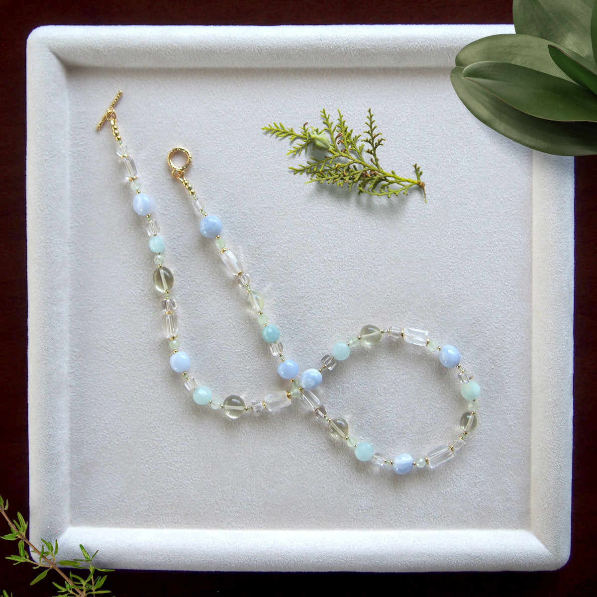 Lemon Quartz, Chalcedony, Rock Crystal, Beryl, Prehnite Necklace- Source