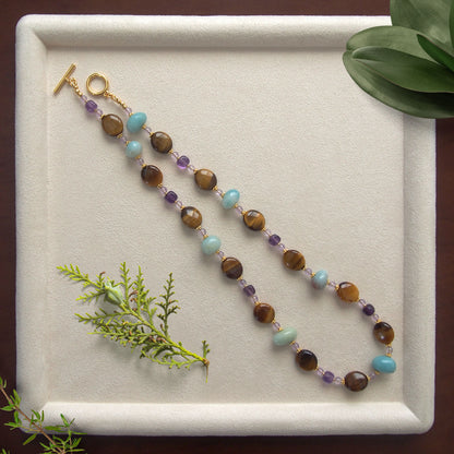 Tiger’s eye, Amazonite, Amethyst Necklace- Courage