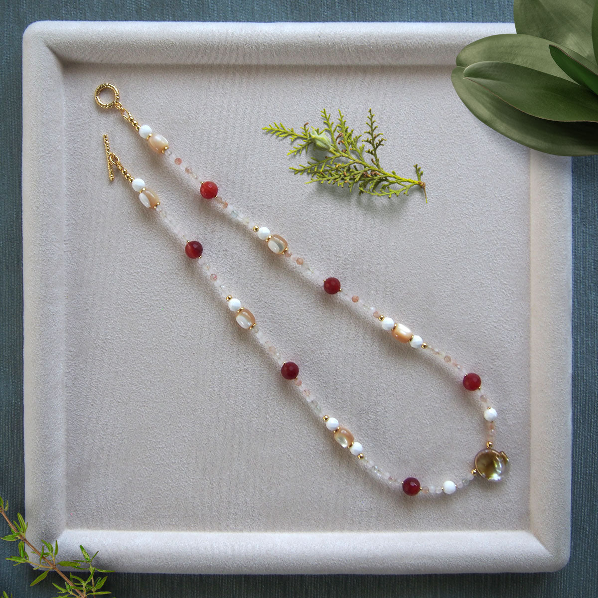 Pearls, Shell beads, Agate, Sunstone Necklace- Red sun