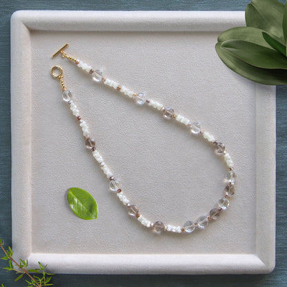 Smoky Quartz, Rock Crystal, Shell beads Necklace- Snowberry