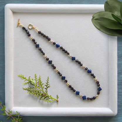 Lapis Lazuli, Bronzite, Pearls Necklace- Night Sky
