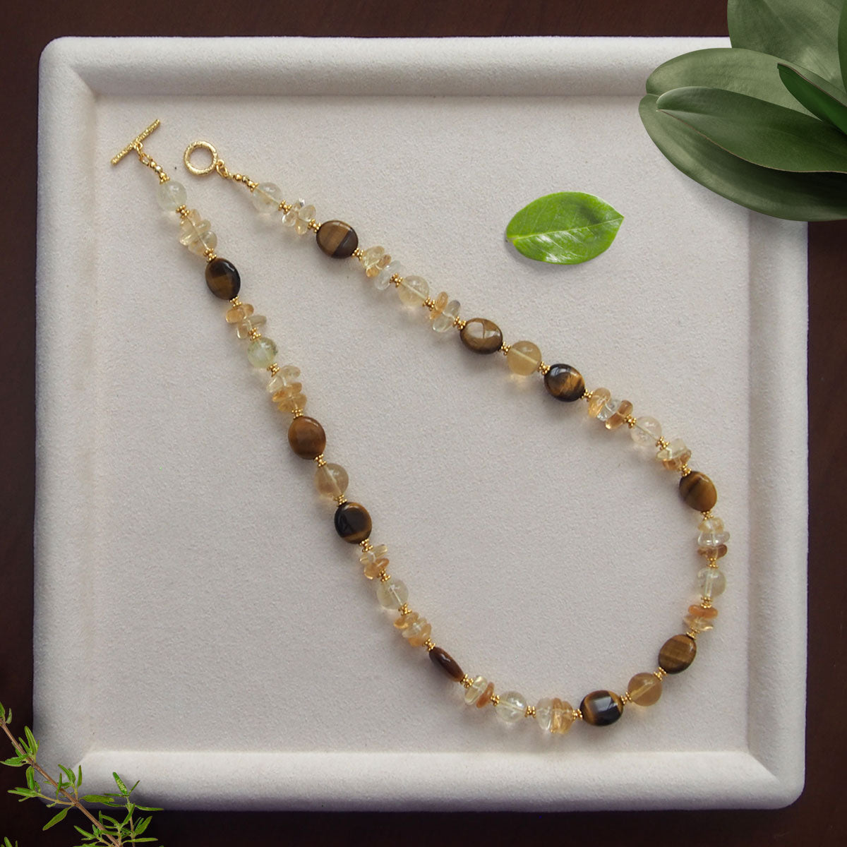 Citrine, Tiger’s eye, Fluorite Necklace–Among the blooms