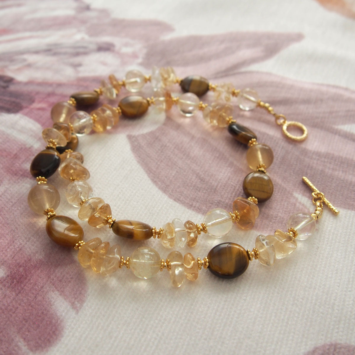 Citrine, Tiger’s eye, Fluorite Necklace–Among the blooms