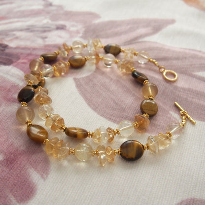 Citrine, Tiger’s eye, Fluorite Necklace–Among the blooms