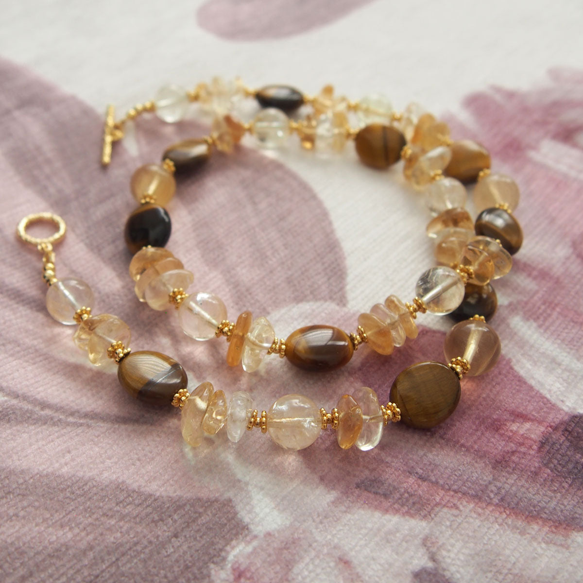 Citrine, Tiger’s eye, Fluorite Necklace–Among the blooms