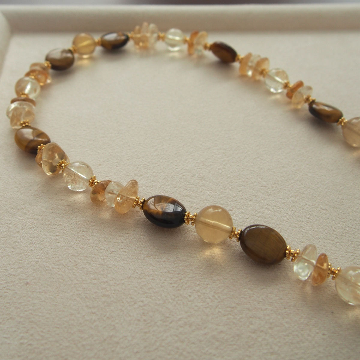 Citrine, Tiger’s eye, Fluorite Necklace–Among the blooms