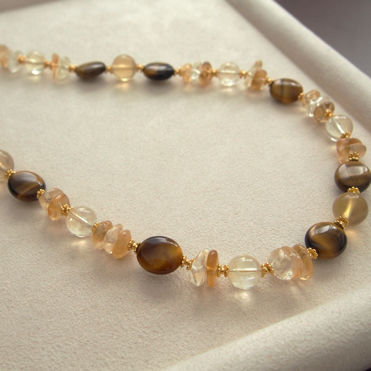 Citrine, Tiger’s eye, Fluorite Necklace–Among the blooms