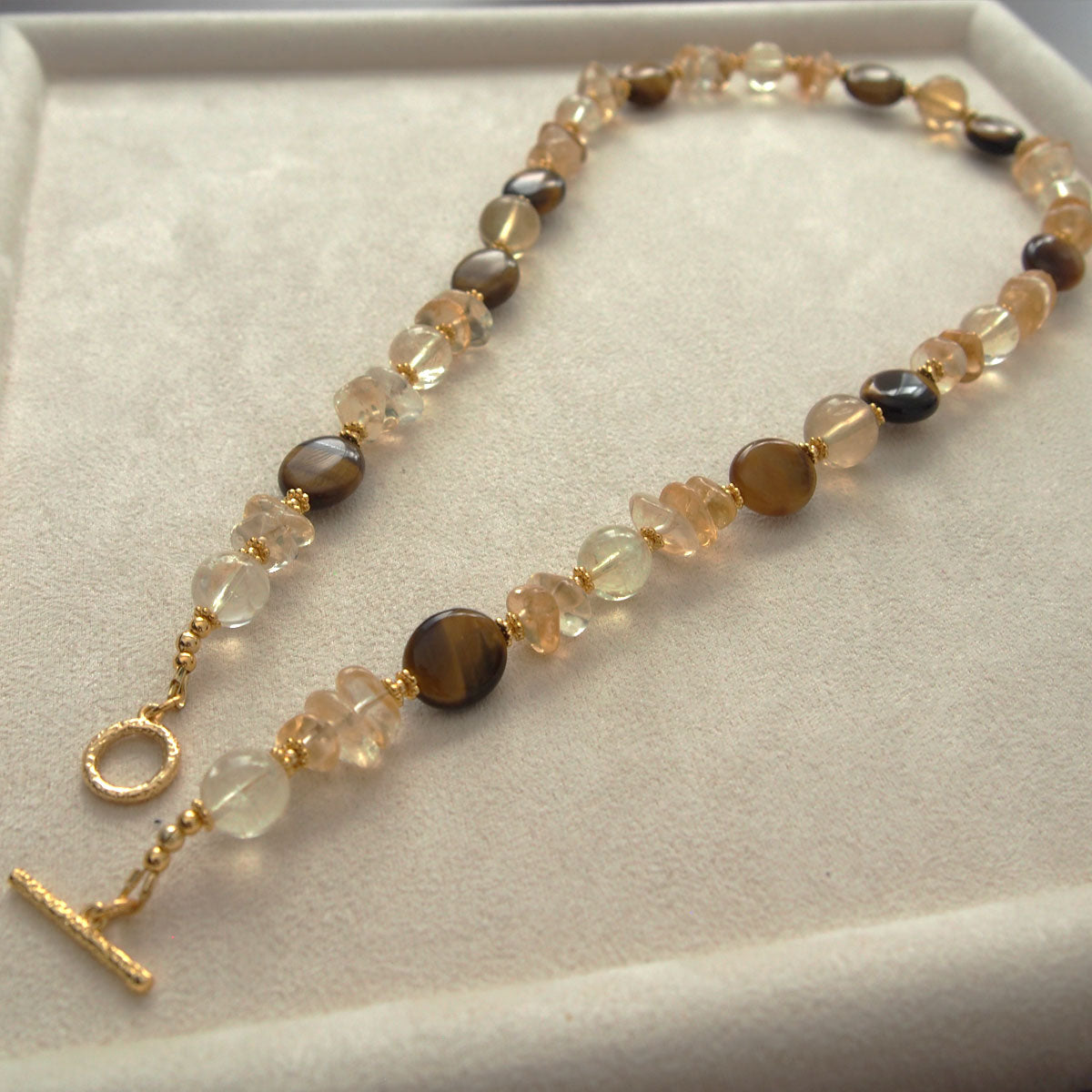Citrine, Tiger’s eye, Fluorite Necklace–Among the blooms