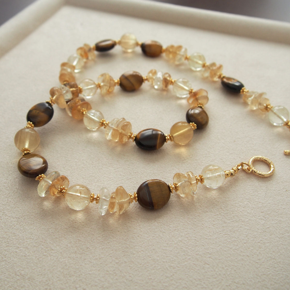 Citrine, Tiger’s eye, Fluorite Necklace–Among the blooms