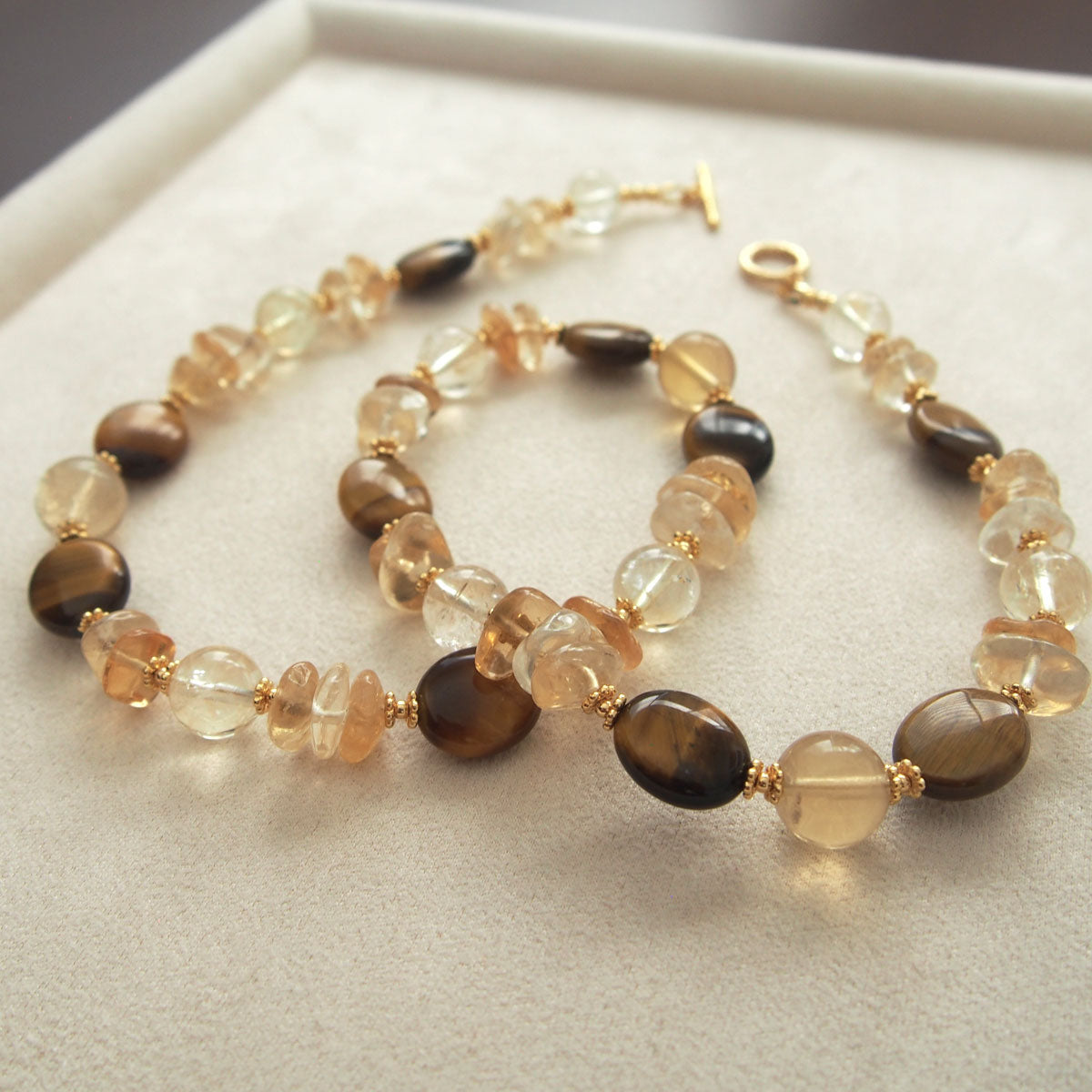 Citrine, Tiger’s eye, Fluorite Necklace–Among the blooms