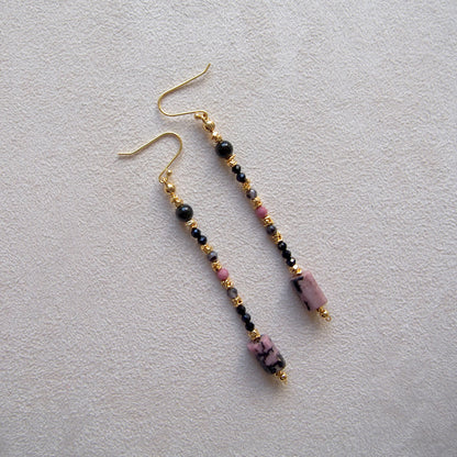 Rhodonite, Tourmaline(black), Rhodochrosite, Lolite Earrings–Dangerous tenderness